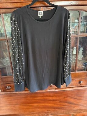 Anne Klein Black Top with Gold Dot Sheer Sleeves